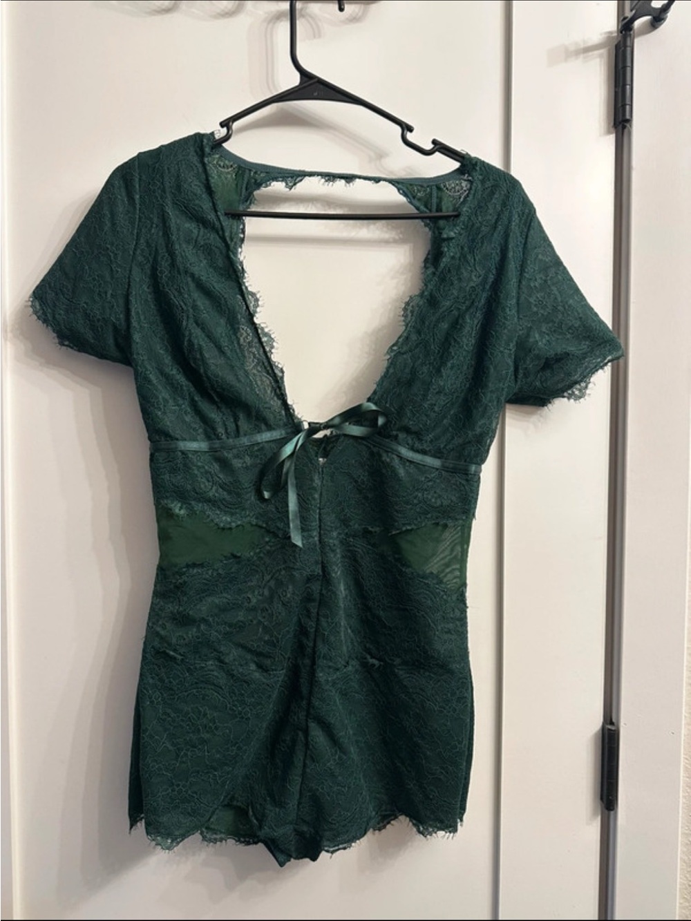 Forever 21 Deep Green Lace Romper Chemise with Satin Tie